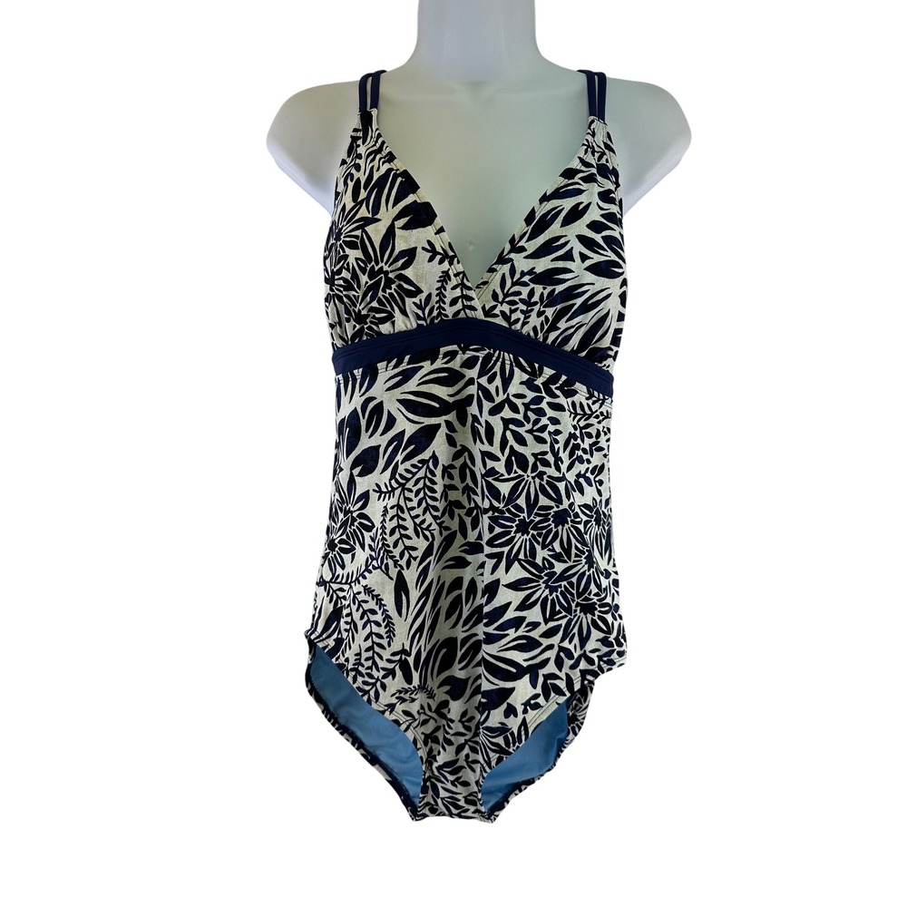 Title Nine Impossible One Piece Swimsuit Maeve Navy White Leaf Braided T-Back XL